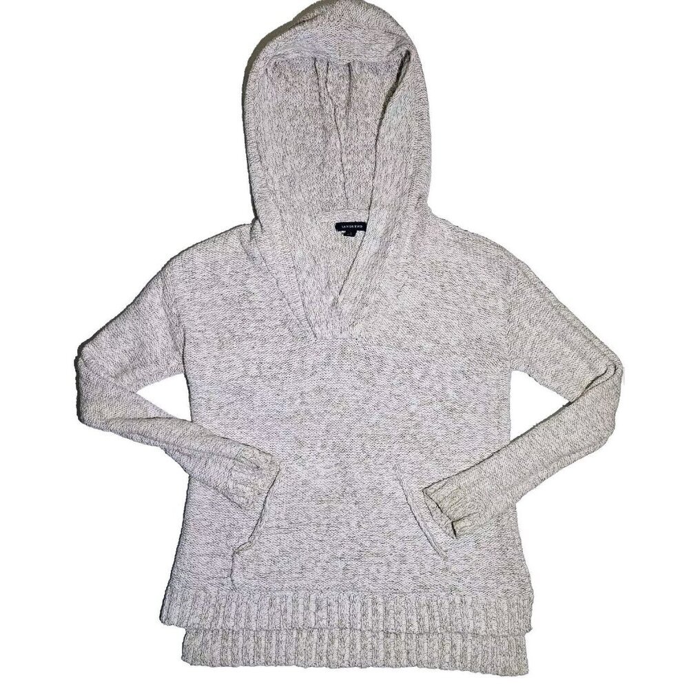 LANDS END Womens Cotton Knit Pullover Hoodie SMALL (6-8) Sweater Beige Oatmeal